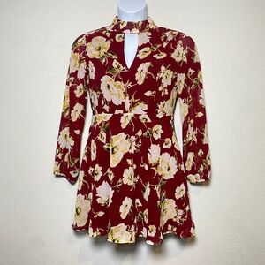 LUCCA Burgundy Floral Keyhole Neck Long‎ Sleeve Mini Dress Women's Size M
